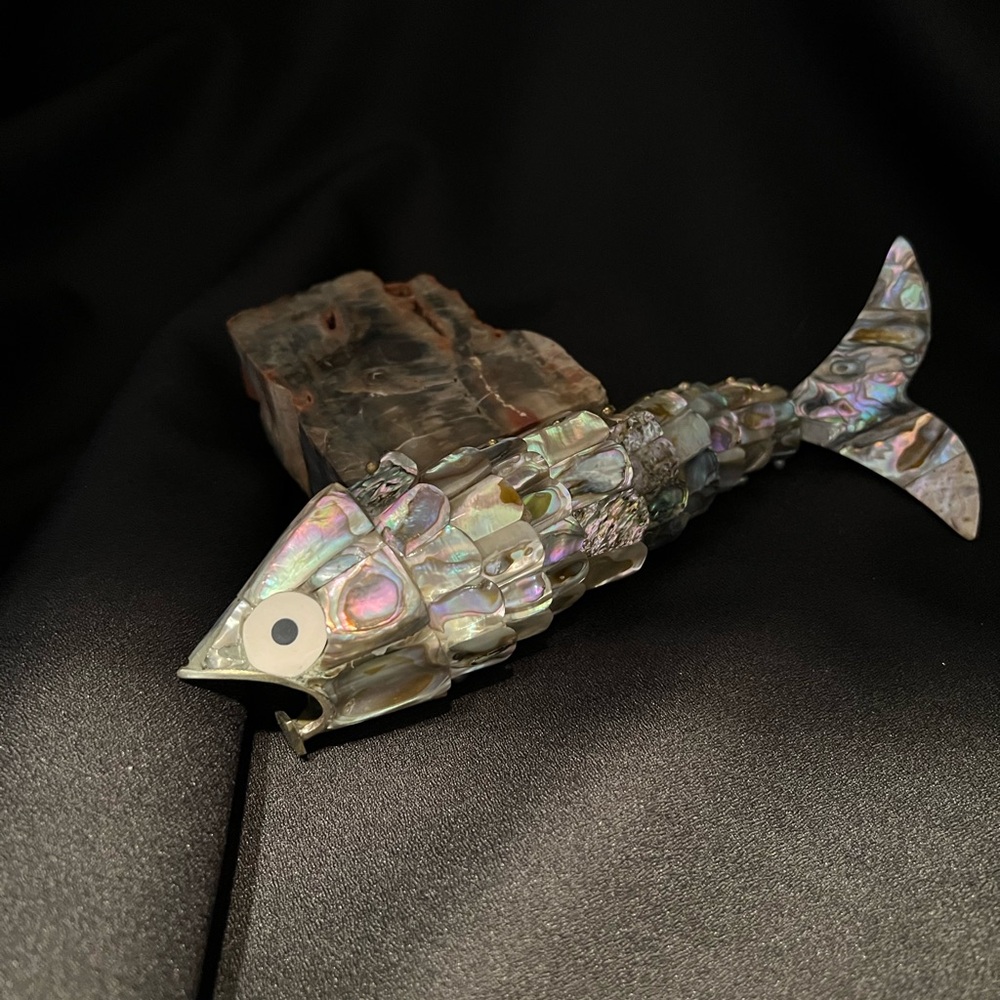 Vintage Mexican Abalone Bottle Opener-Articulated Fish Handmade Abalone Mosaic